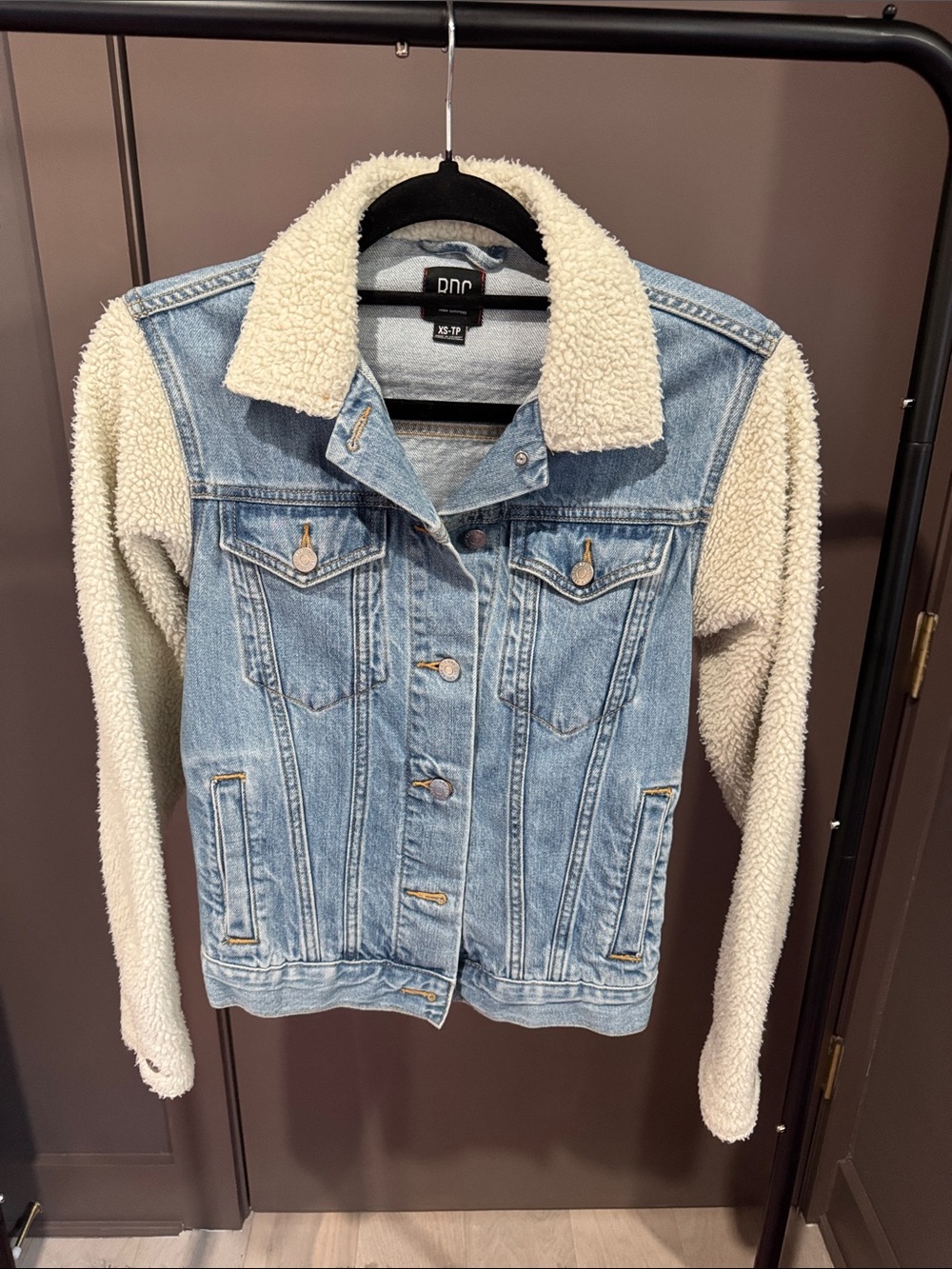 BDG Light Blue Denim Jacket with Cream Sherpa Sleeves